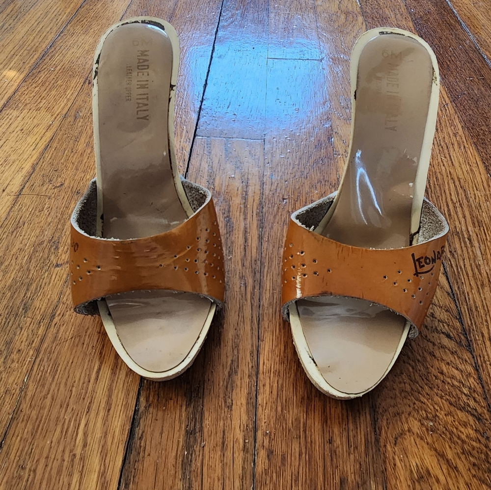 VTG 80s leonardo Tan Leather High Heel Mules Italian Made Slide Sandals Sz 6
